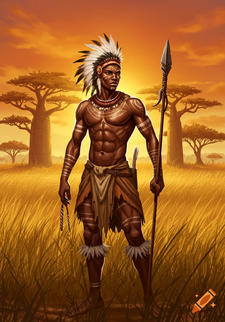 A muscular African warrior in a feathered headdress, traditional attire, and body paint, holding a spear in a savanna at sunset. Digital painting.