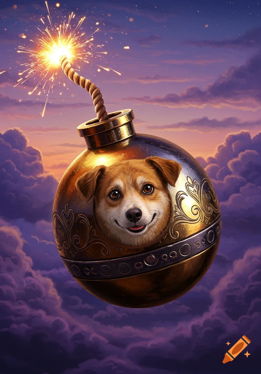 A whimsical golden bomb with a happy dog's face floats in a purple and orange cloudy sky, its lit fuse sparking brightly.