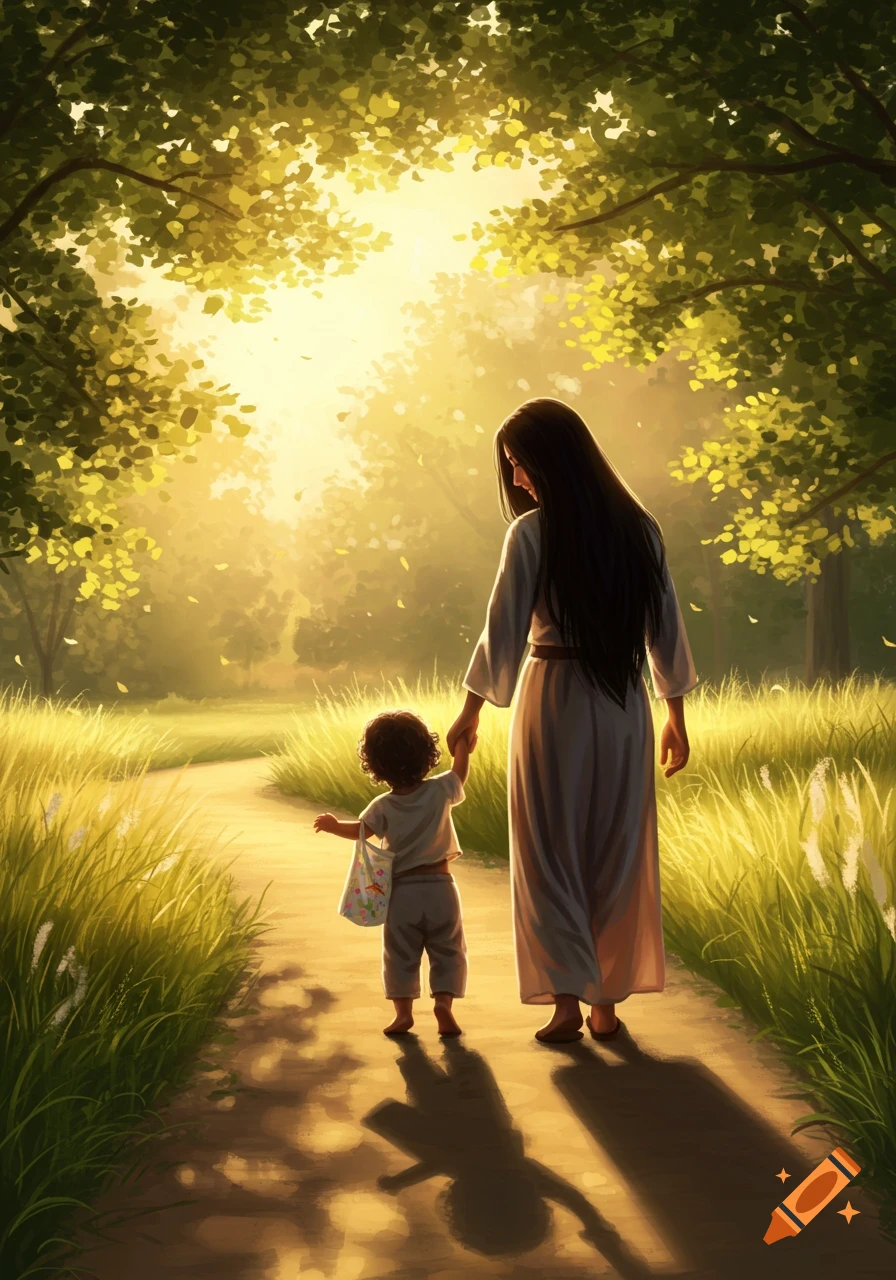 Digital painting of a woman and child holding hands, walking on a sunlit path through tall grass and trees.