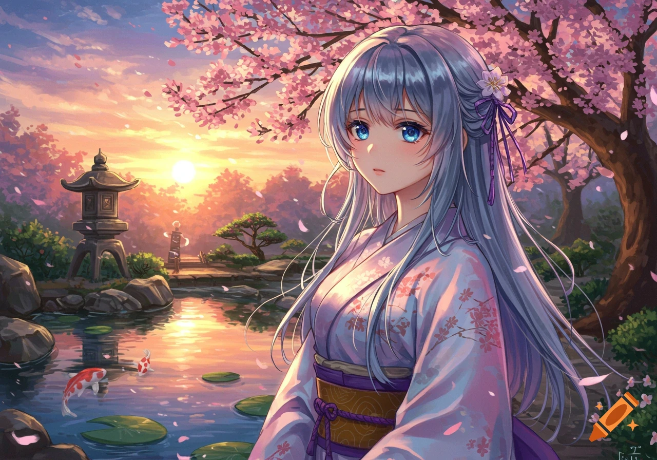 Anime girl with silver hair and blue eyes in a pink kimono, in a Japanese garden with cherry blossoms, koi pond, and stone lantern at sunset.
