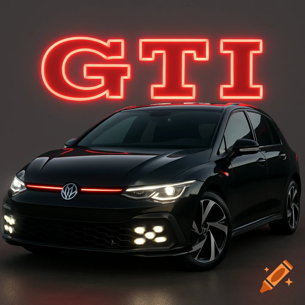 A photorealistic front three-quarter view of a black Volkswagen Golf GTI car with its headlights and five fog lights on, beneath a large neon red 'GTI' sign.