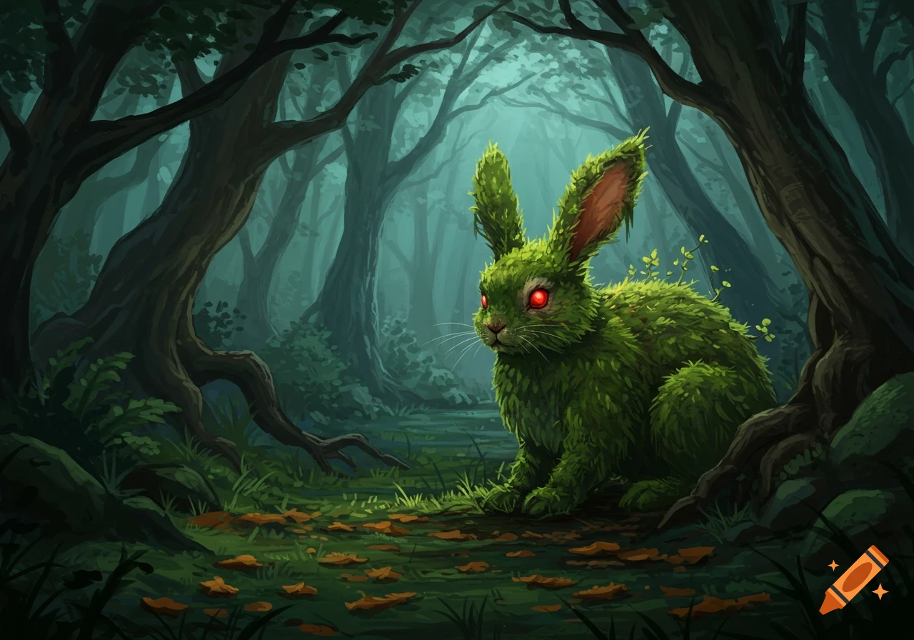 A stylized illustration of a mossy rabbit with glowing red eyes sitting in a dark, eerie forest.