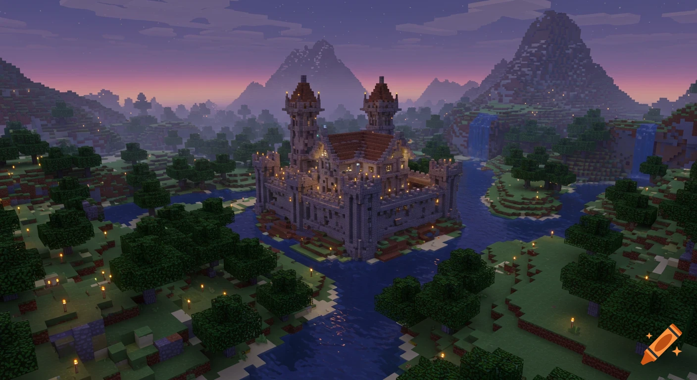 A majestic Minecraft castle on an island, surrounded by water and trees, under a twilight sky with pixelated mountains.