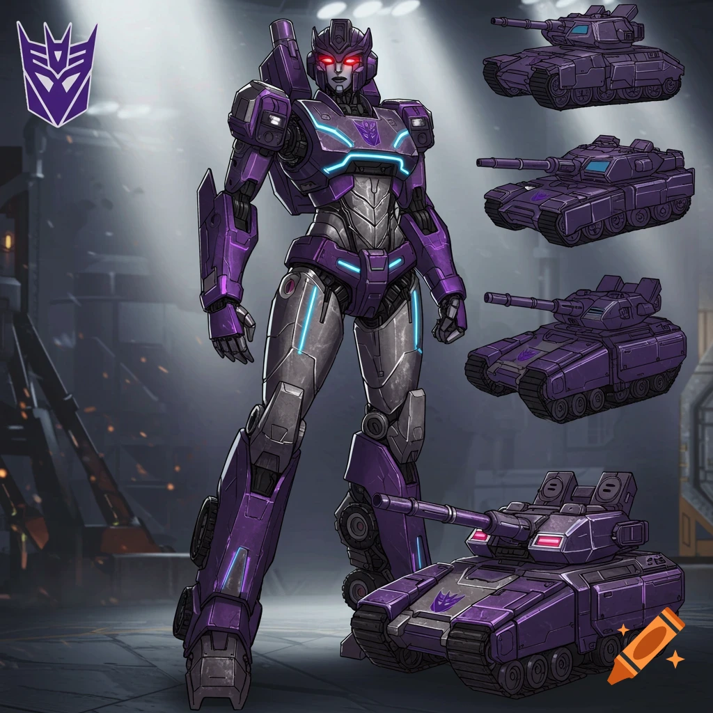 Purple and gray female Decepticon robot with blue lights, alongside four purple tank alt modes, all with Decepticon logos.