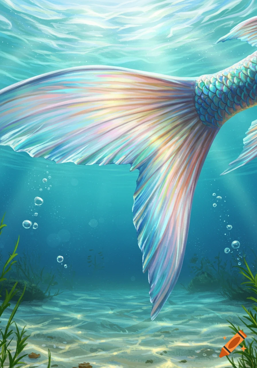 A shimmering, iridescent mermaid tail with scales and fins swims through clear blue water, above a sandy seafloor with light rays.
