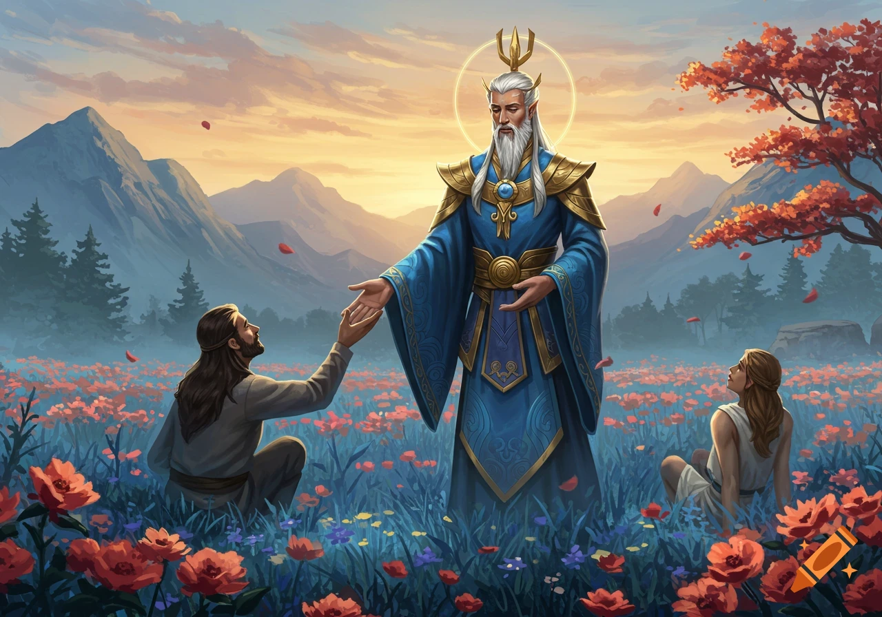 A god-like figure in blue and gold reaches out to a kneeling man and a sitting woman in a vibrant flower field at sunset, fantasy art.