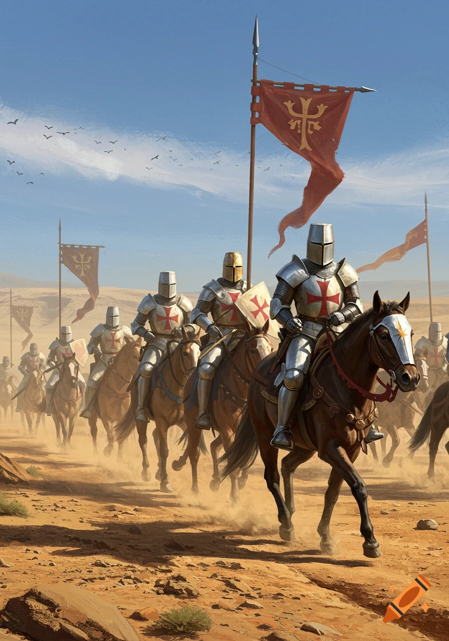 Crusader knights in full plate armor ride horses through a dusty desert under a clear sky, carrying flags.