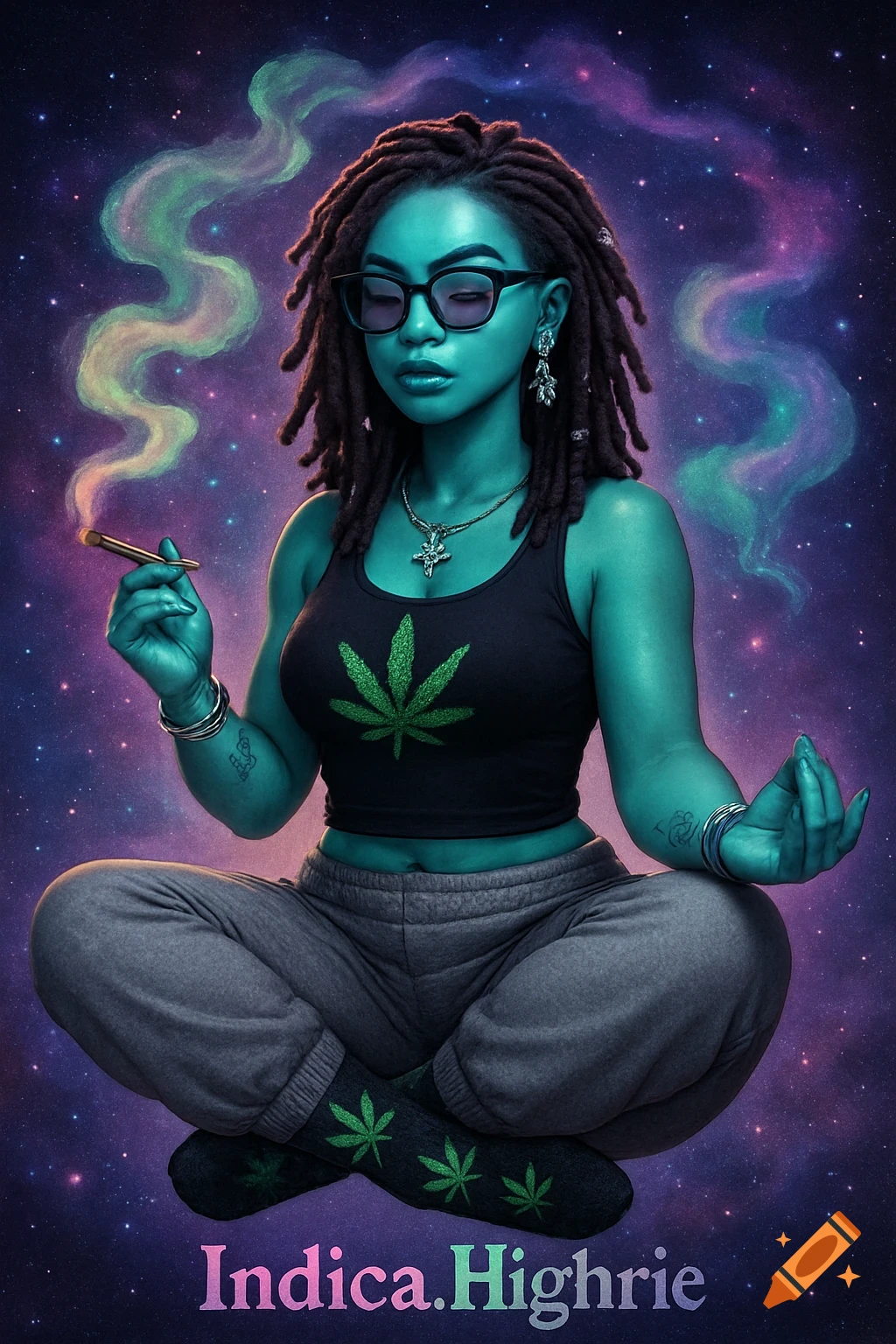 A teal-skinned alien woman with dreadlocks and sunglasses meditates, levitating in space, holding a lit joint. Cannabis symbols on her top and socks.