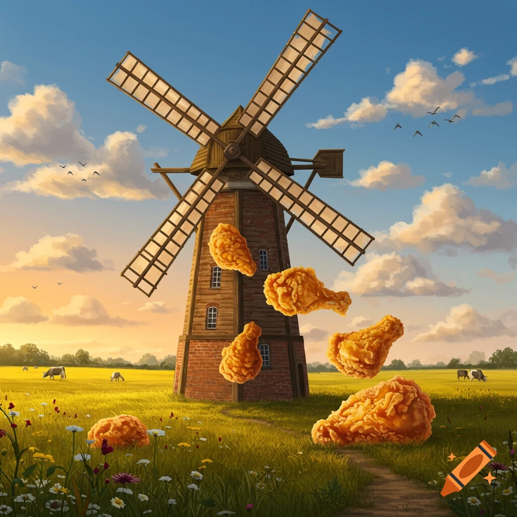 An illustrated scene of a brick windmill in a sunny green field, with crispy fried chicken pieces falling from it and scattered on the ground.