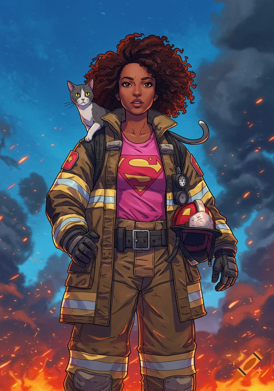 An anime firefighter woman with curly hair wears a pink Superman shirt, a cat on her shoulder, against a fiery sky.
