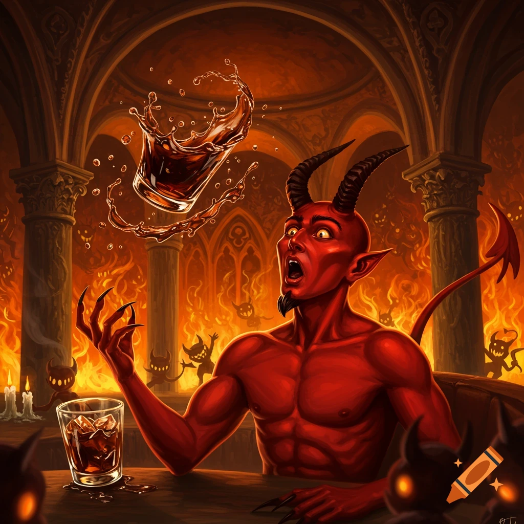 A surprised red devil in a fiery, hellish cathedral doing a spit take with a drink, splashing liquid dramatically.