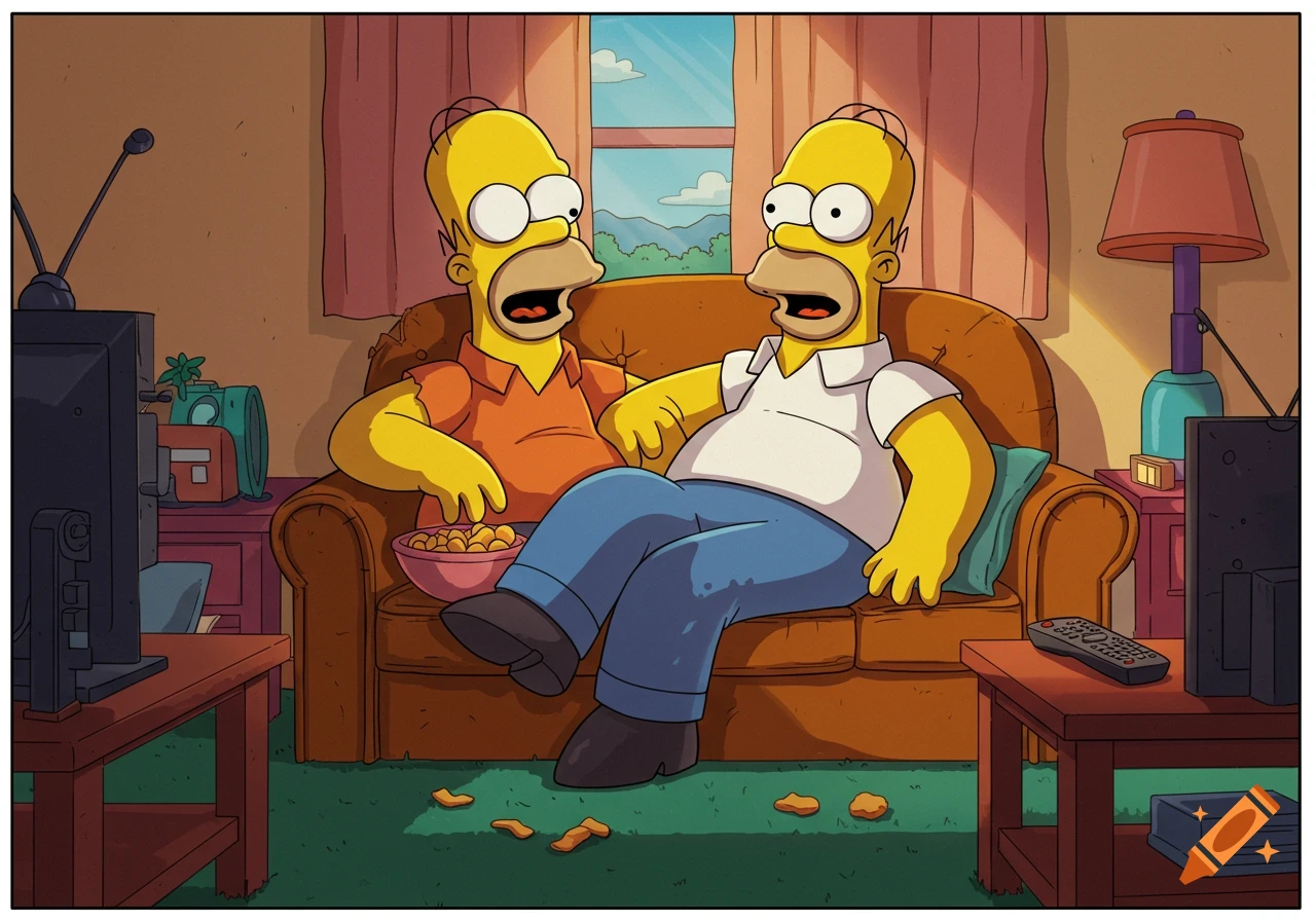 Two Homer Simpsons sit on a couch, one eating snacks, both watching TV in a cartoon style.