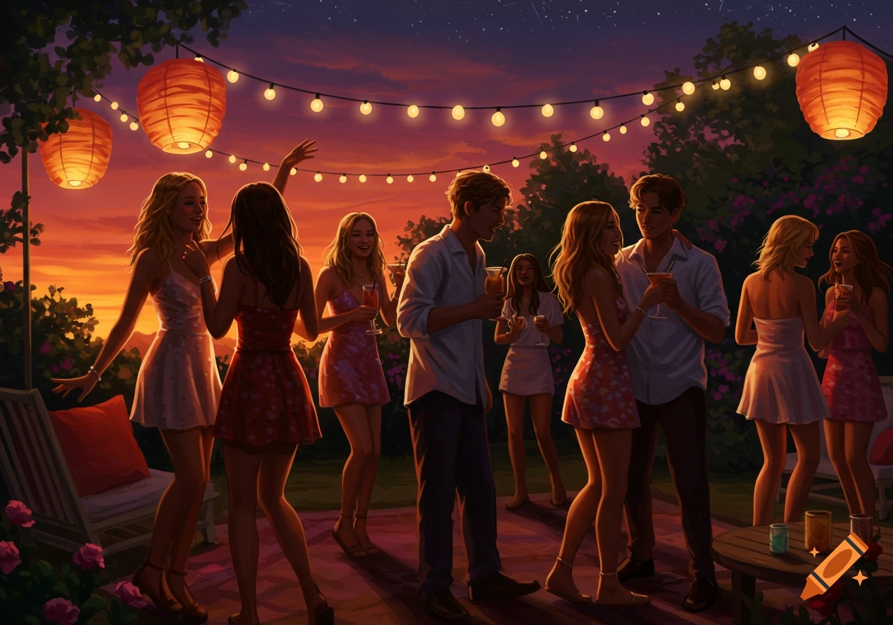 Digital illustration of young people at an outdoor evening party with string lights and lanterns, socializing and drinking.