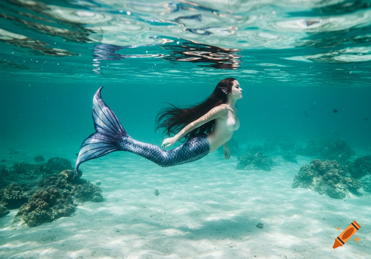 A photorealistic mermaid with long dark hair swims gracefully underwater in clear blue water over a sandy reef.