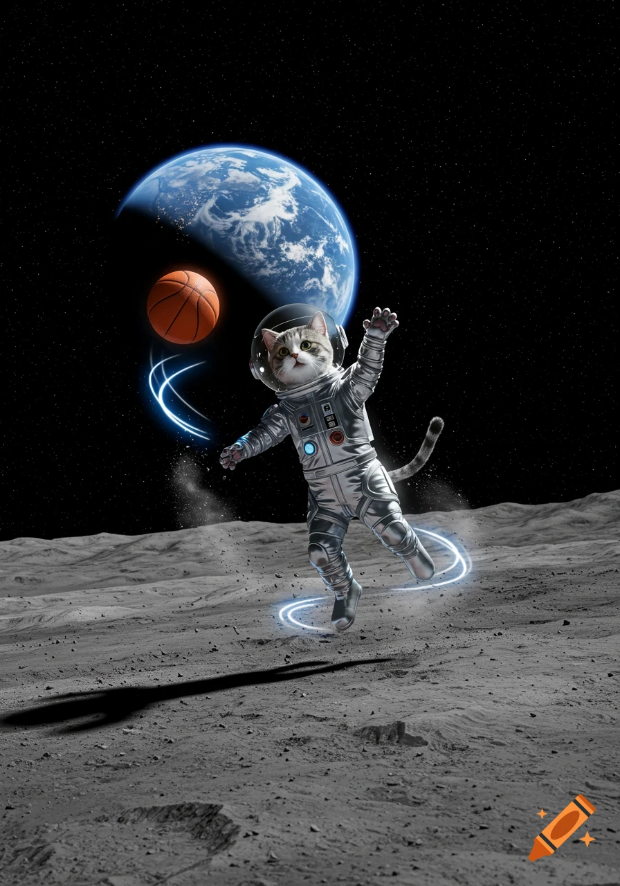 A tabby cat in a metallic astronaut suit plays basketball on the moon, with Earth visible in the dark starry sky.