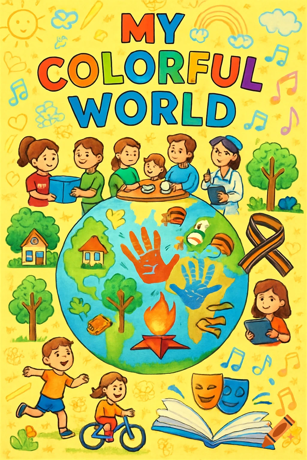 Vibrant cartoon-style book cover titled "MY COLORFUL WORLD", featuring a globe surrounded by diverse scenes of children, families, and community activities.