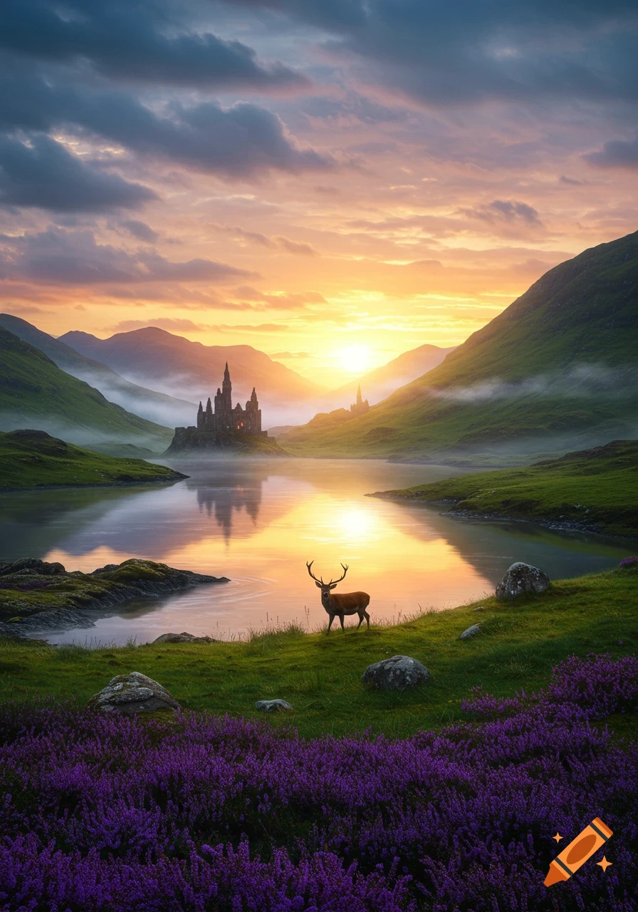 A majestic castle stands by a serene lake at sunset, surrounded by mist-shrouded mountains, purple flowers, and a deer on the shore.