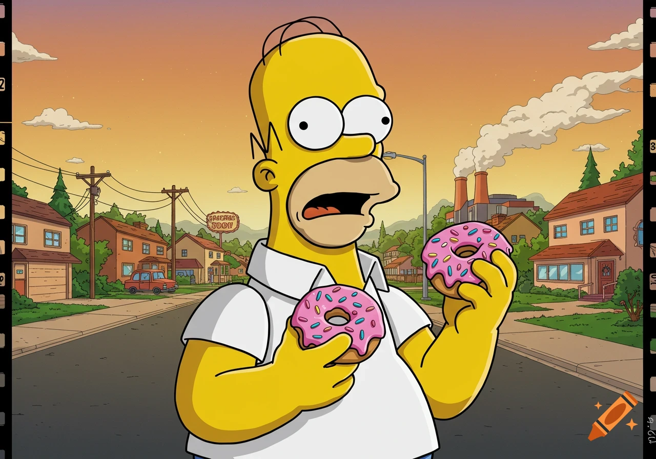 Cartoon Homer Simpson holds two pink donuts on a suburban street with houses and a power plant in the background, under an orange sky.