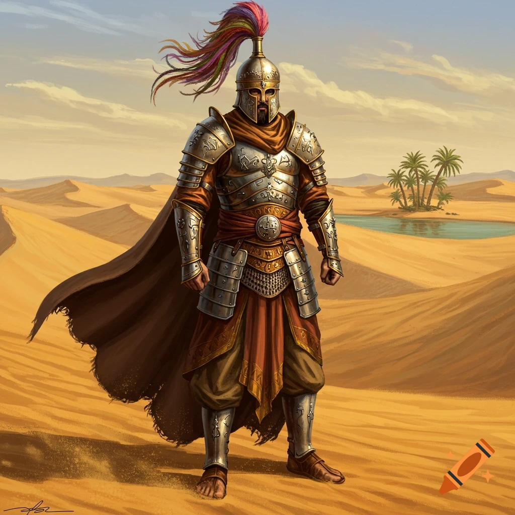 A warrior in ornate silver and gold armor with a colorful plume on his helmet stands in a vast desert landscape with an oasis.