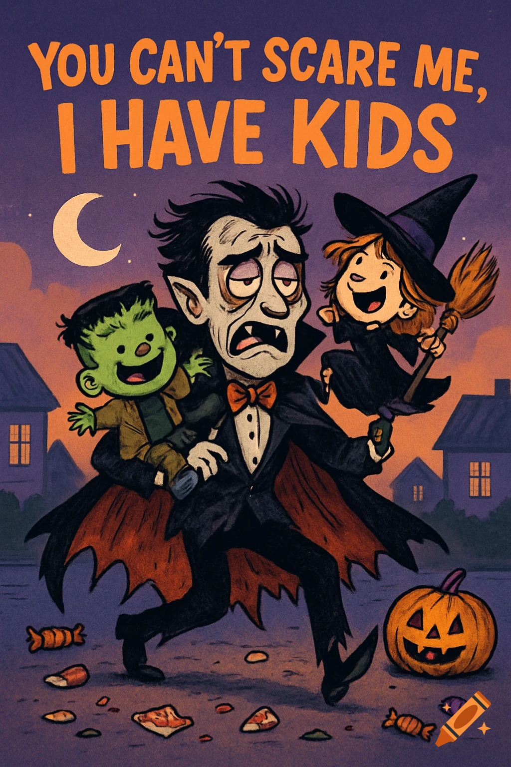 A cartoon of an exhausted Dracula with a Frankenstein's monster child and a witch child on Halloween night, with text 'YOU CAN'T SCARE ME, I HAVE KIDS'.