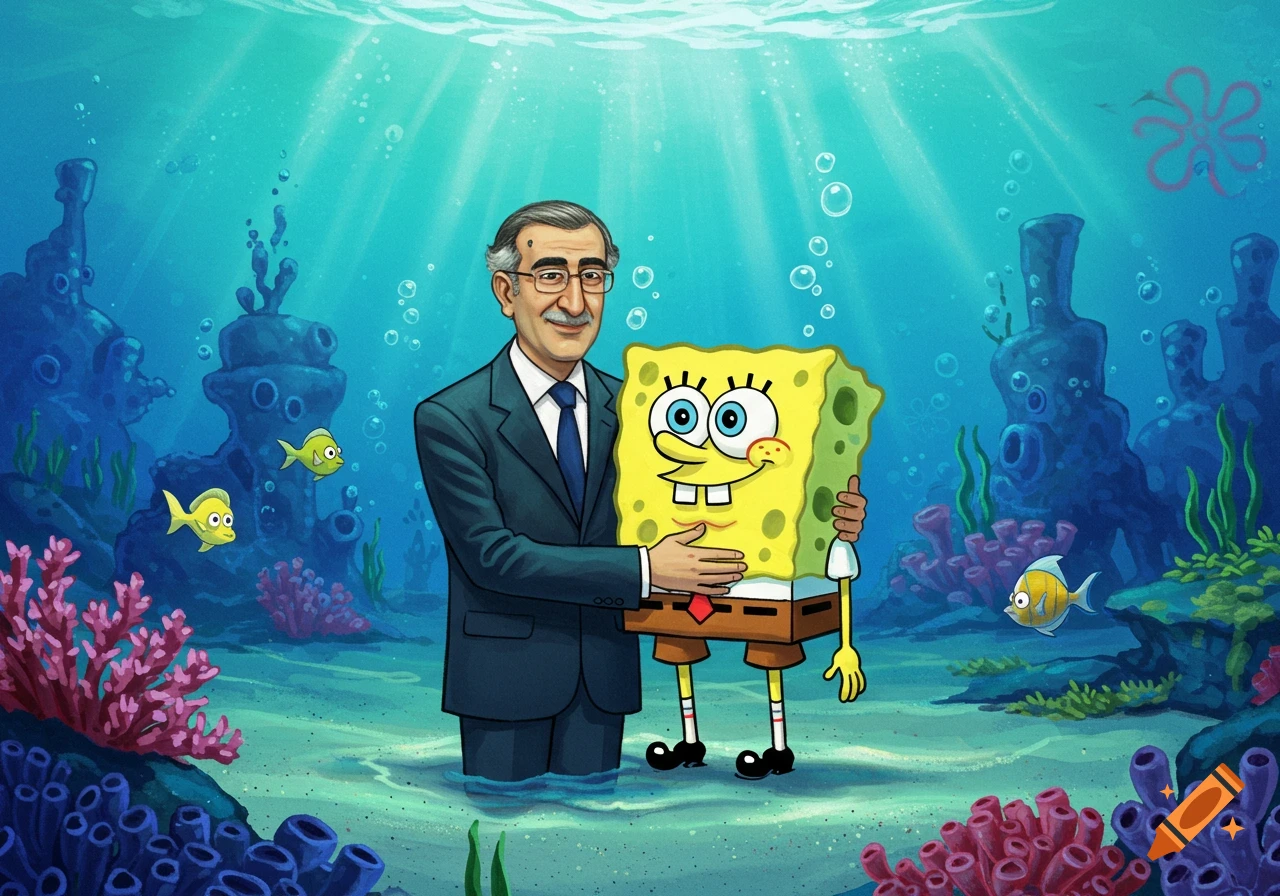 Masoud Pezeshkian in a suit hugs Spongebob Squarepants in a vibrant underwater scene with coral and fish.