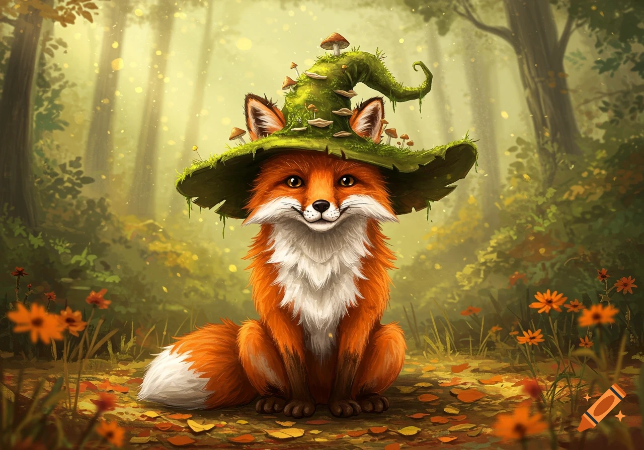 A cute, fluffy red fox in a mossy green witch hat with mushrooms, sitting in a bright, whimsical forest. Digital illustration.