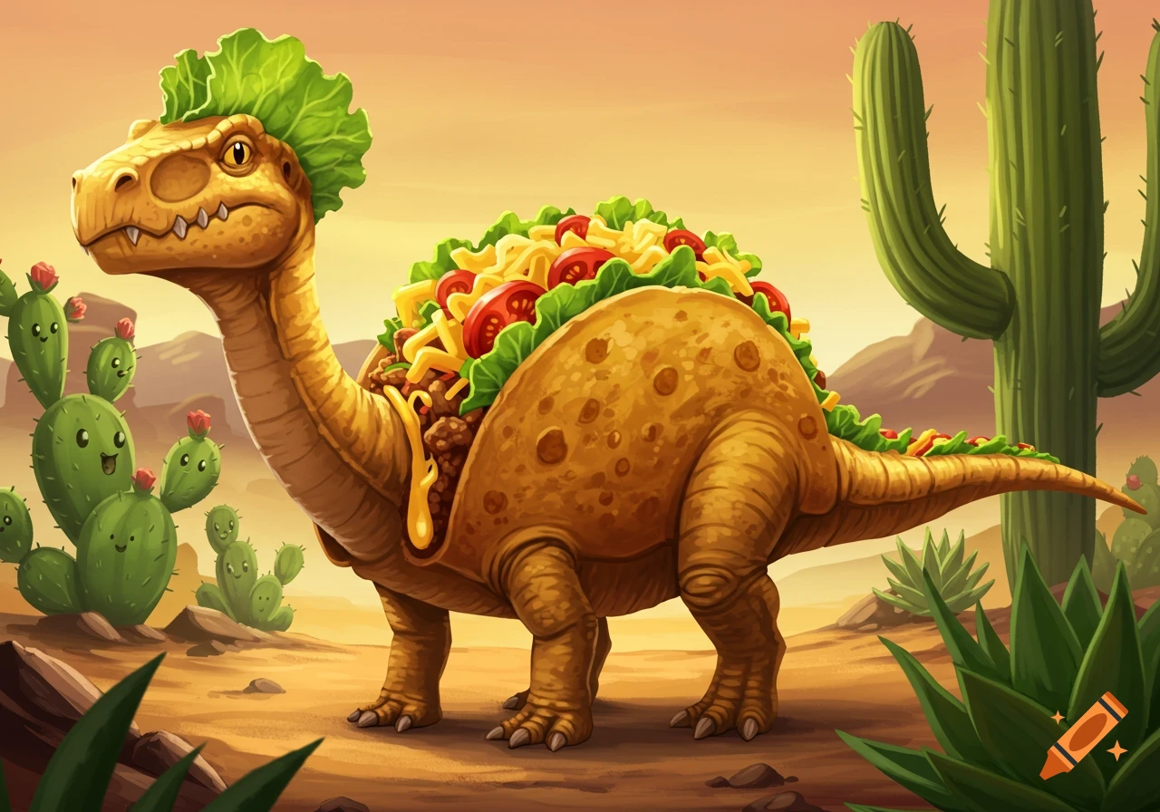 Cartoon taco dinosaur with lettuce hair in a desert with smiling cacti and a large cactus.