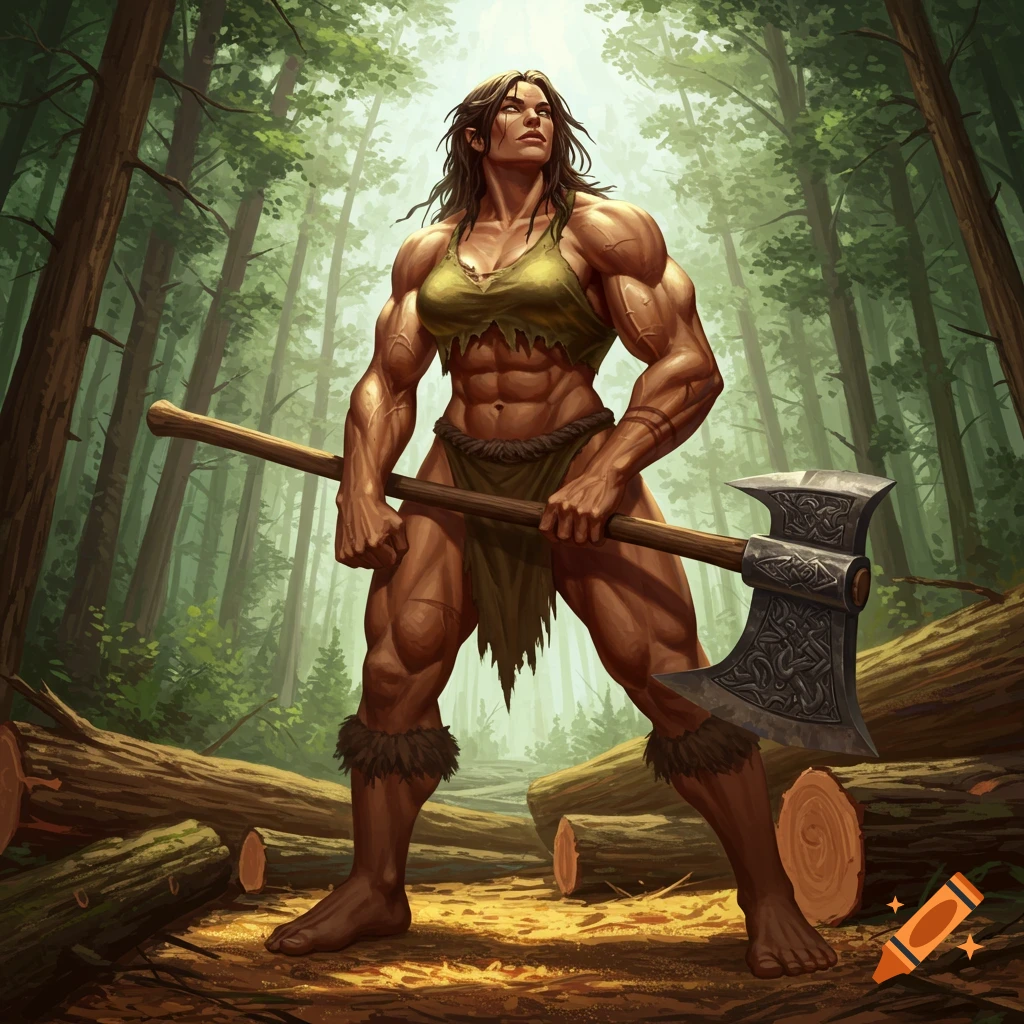 A muscular female goliath lumberjack warrior in a forest, holding a greataxe, with cut logs around her.