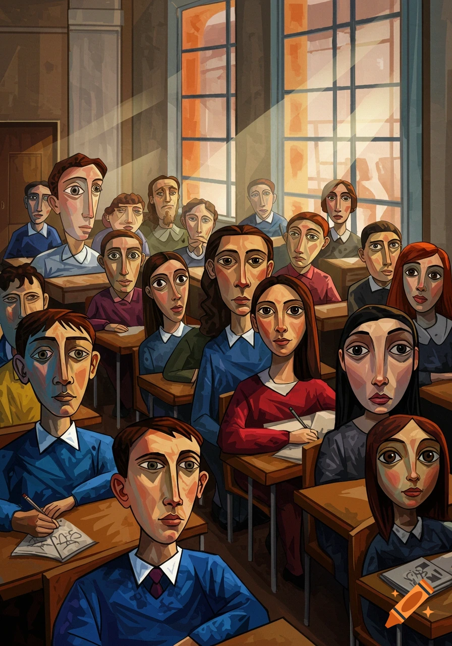 Painting in Picasso style shows a crowded classroom of students with elongated features, bathed in warm light from large windows.