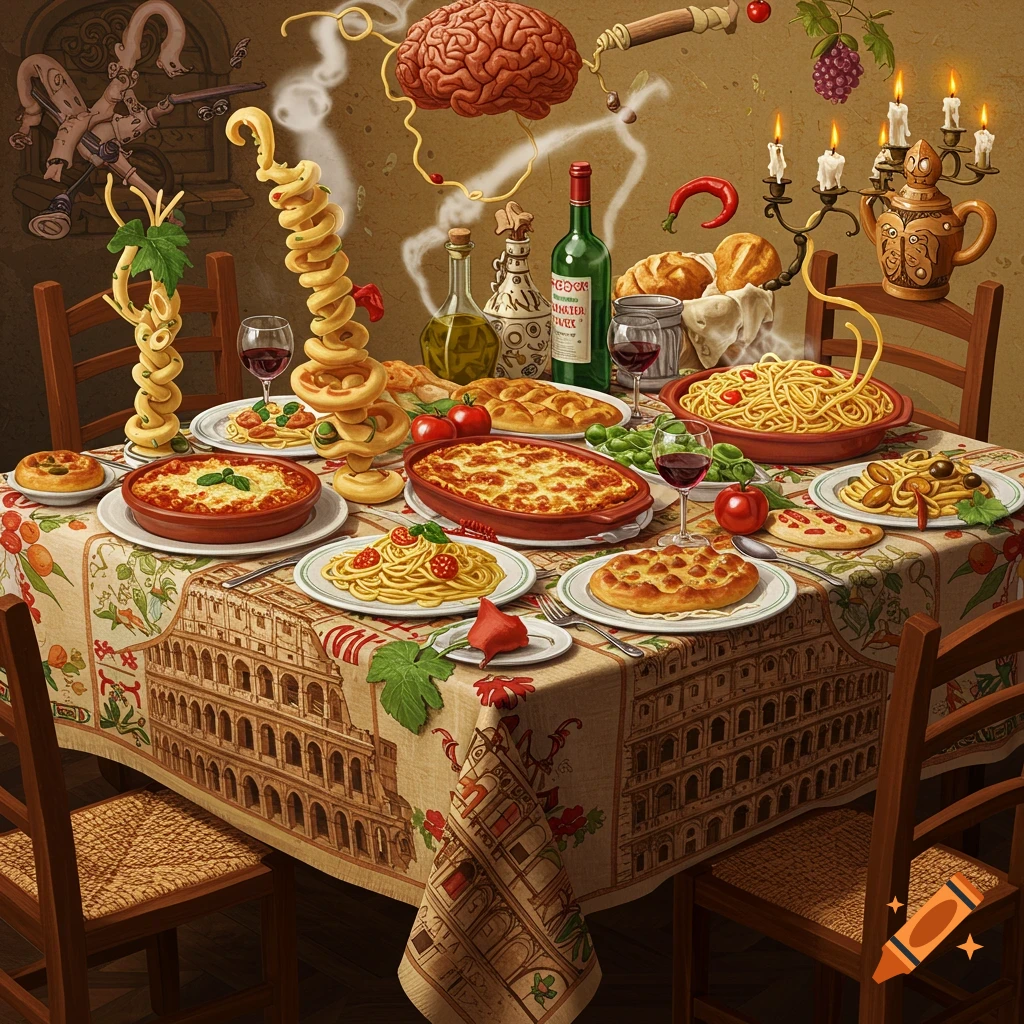A whimsical illustration of a table spread with Italian food, featuring spaghetti, pizzas, and wine, with a floating brain and swirling pasta in a surreal setting.