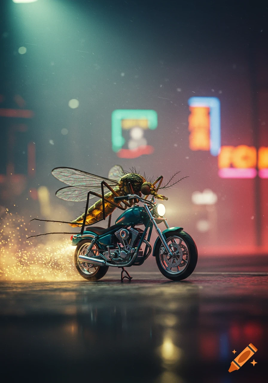 A large mosquito riding a teal motorcycle on a wet city street at night, with blurry neon signs in the background and sparks.