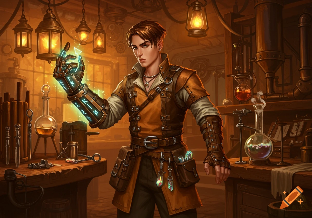 A young male rune smith in brown steampunk attire holds a glowing crystal in a magical workshop. His gauntlet glows with runes.