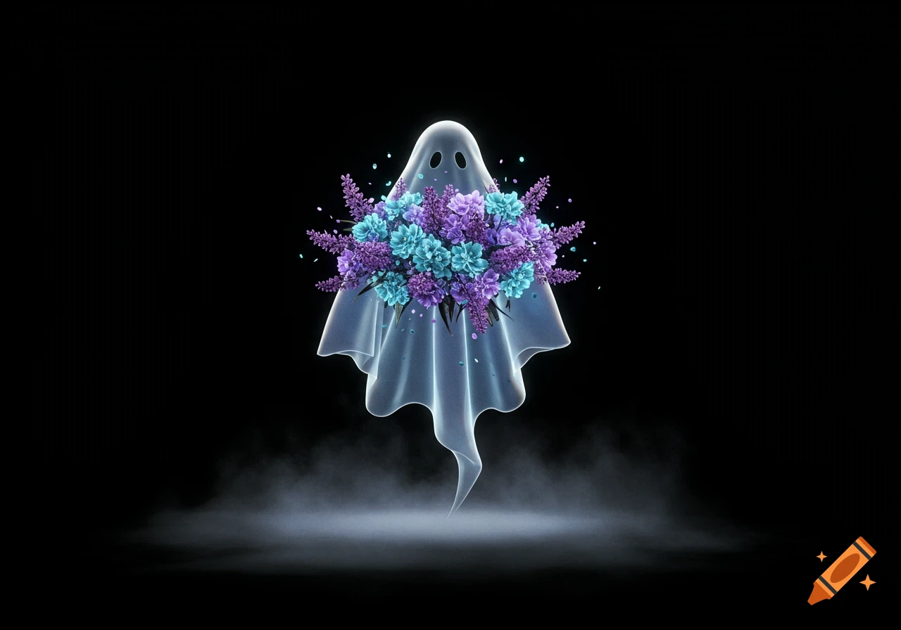 A white, translucent ghost floats on a black background, holding a bouquet of purple and turquoise flowers with glowing smoke below.
