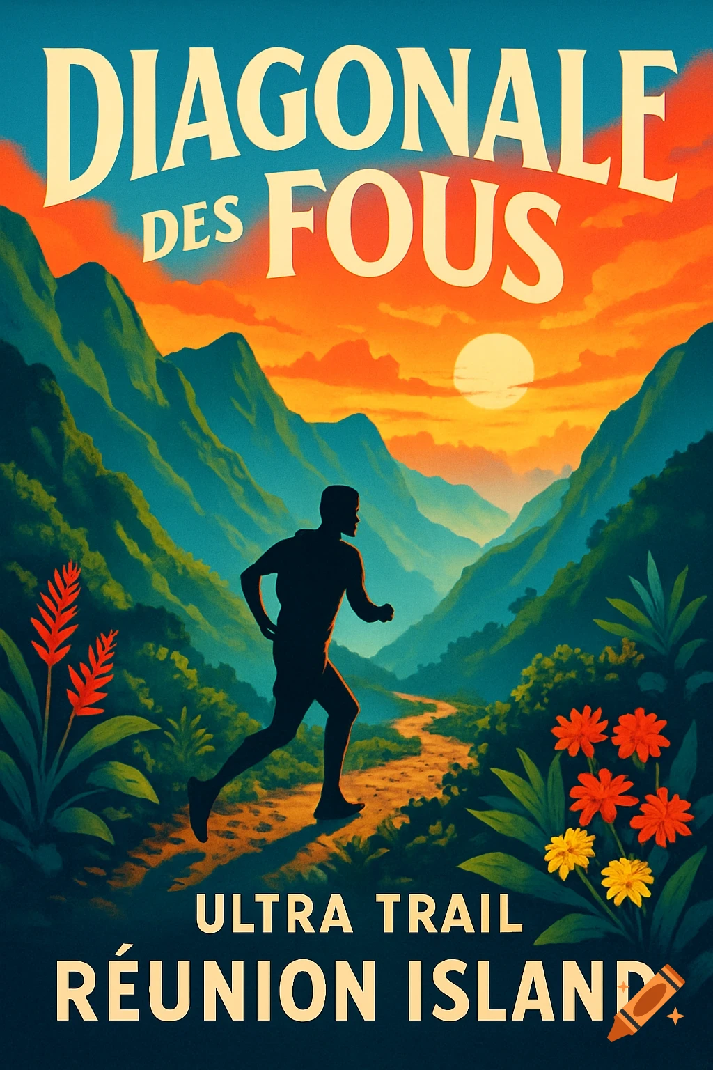 A vintage travel poster shows a runner on a mountain trail at sunset. Text: DIAGONALE DES FOUS ULTRA TRAIL RÉUNION ISLAND.