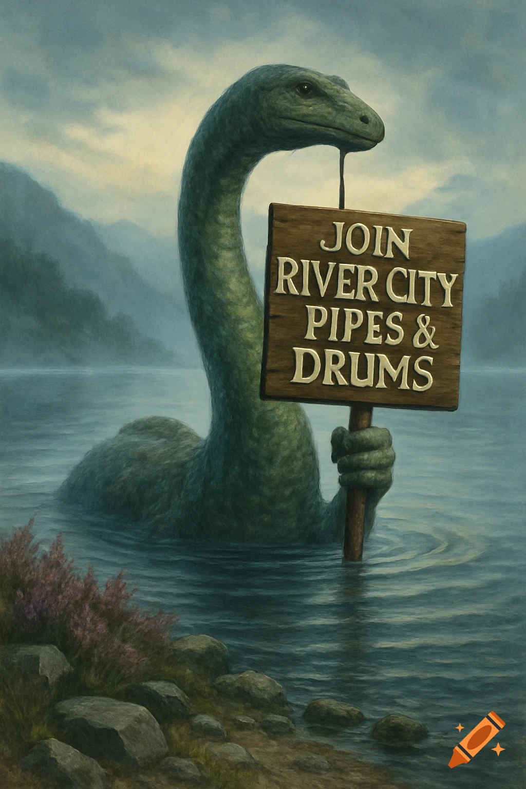 A painting of the Loch Ness Monster rising from a misty lake, holding a wooden sign that reads 'JOIN RIVER CITY PIPES & DRUMS'.