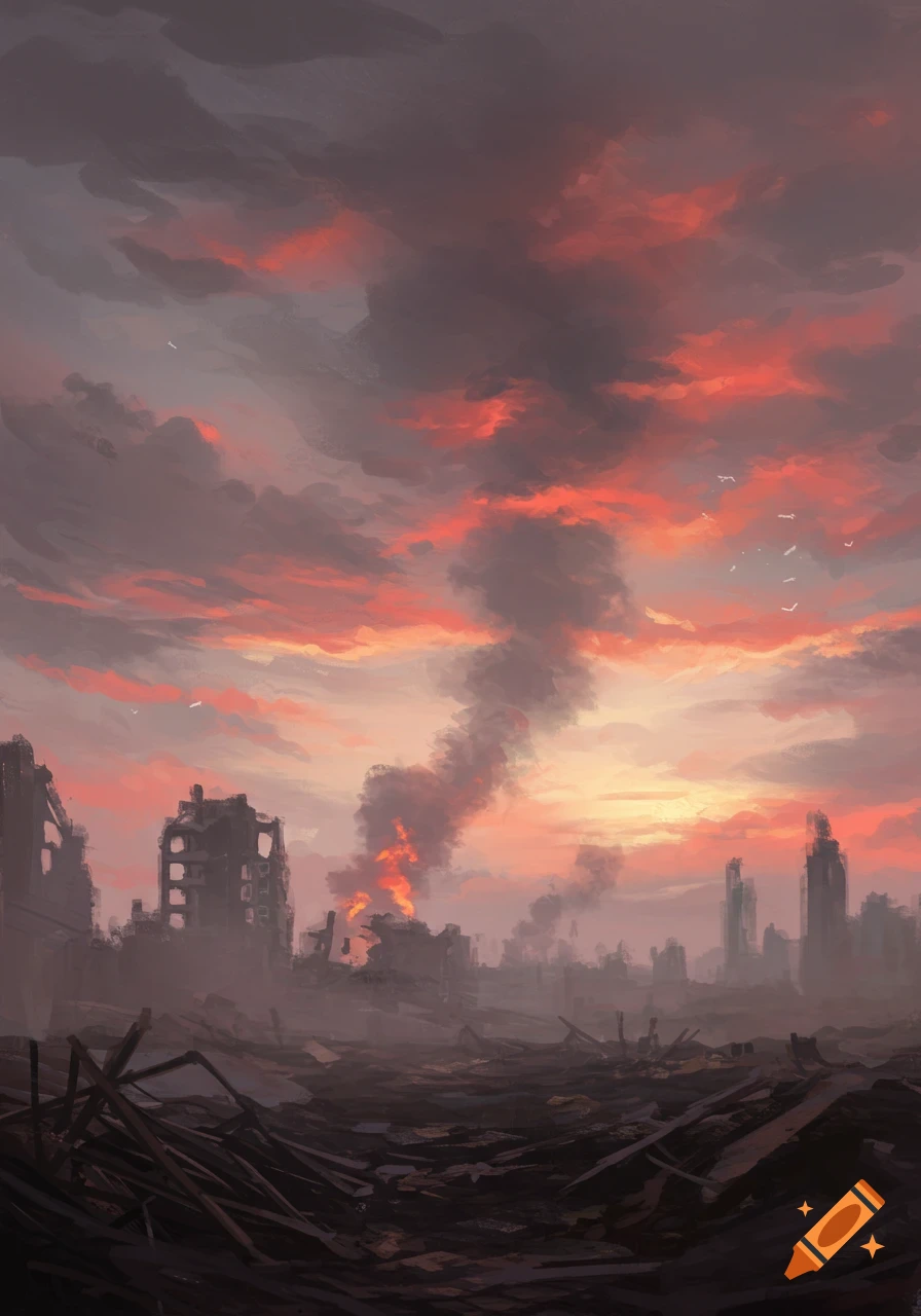 A painting of a ruined city at sunset, with smoke rising from fires among destroyed buildings, in a dramatic, post-apocalyptic style.