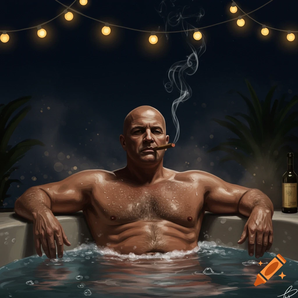 A bald man with a cigar relaxes in a bubbling jacuzzi at night, under string lights, digital painting.