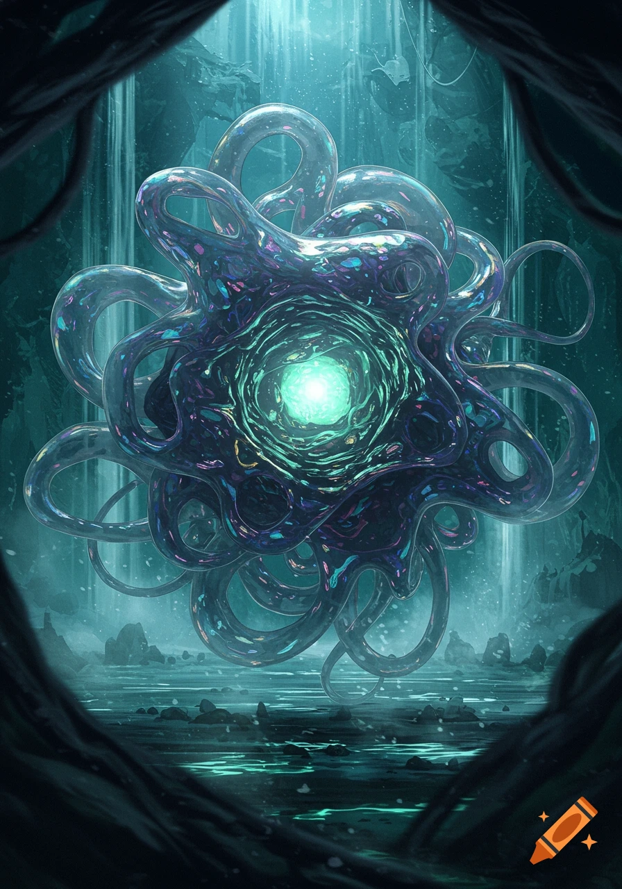 A glowing, iridescent, tentacled alien entity with a bright core floats in a dark, watery cavern. Sci-fi digital art.