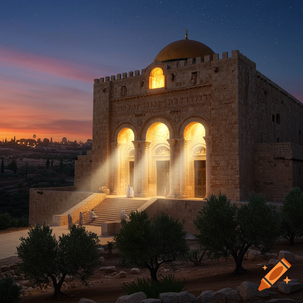 A grand stone temple or mosque with a golden dome glows at twilight. Figures in robes ascend steps towards its arched entrances as stars dot the sky.