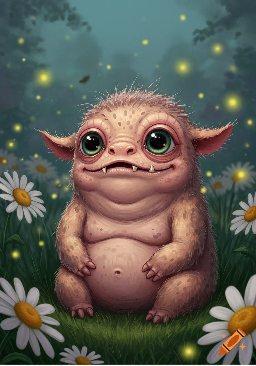 A cute, big-eyed, bumpy-skinned creature with small tusks sits in a field of daisies with glowing fireflies.