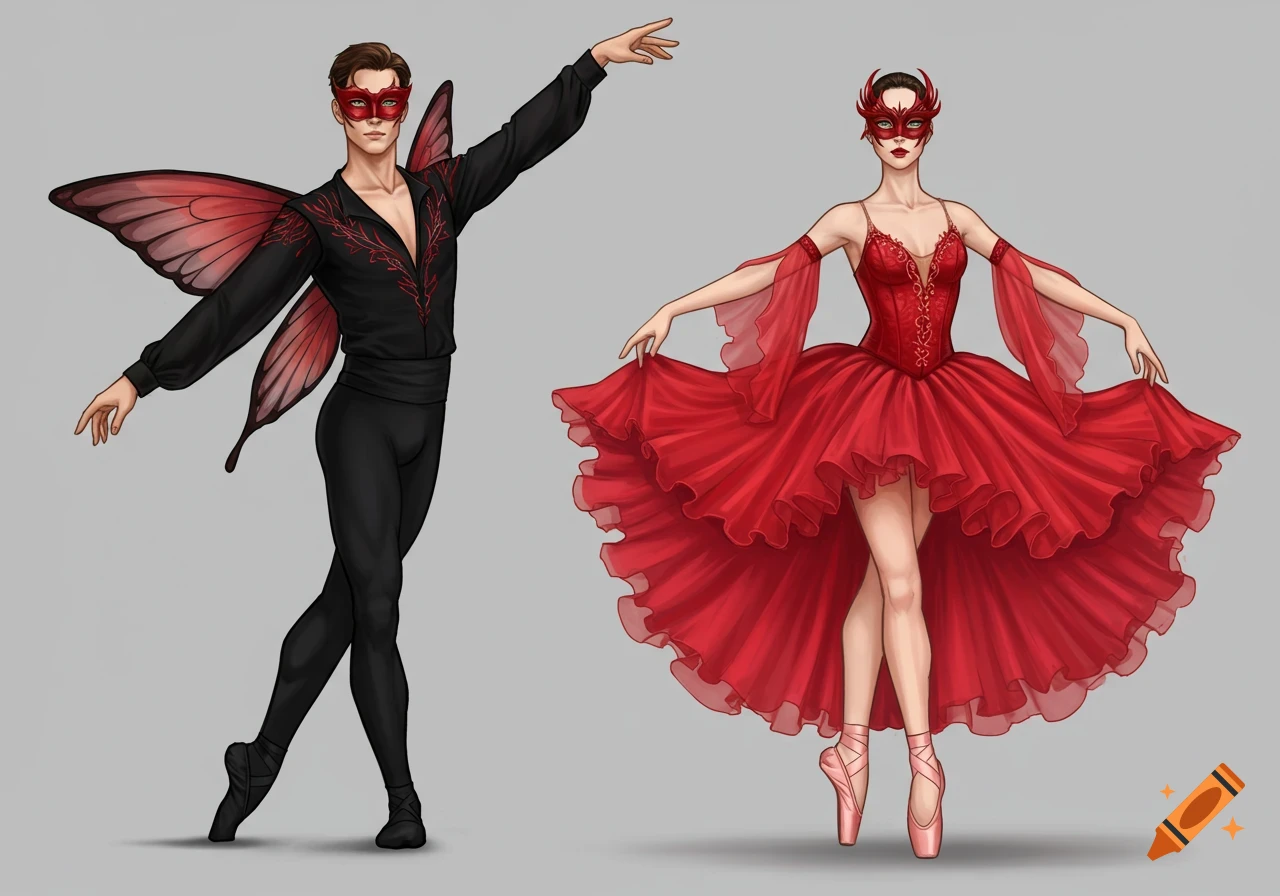 Stylized illustration of two masked ballet dancers in elaborate red and black costumes. The man has red wings, the woman a voluminous red tutu.