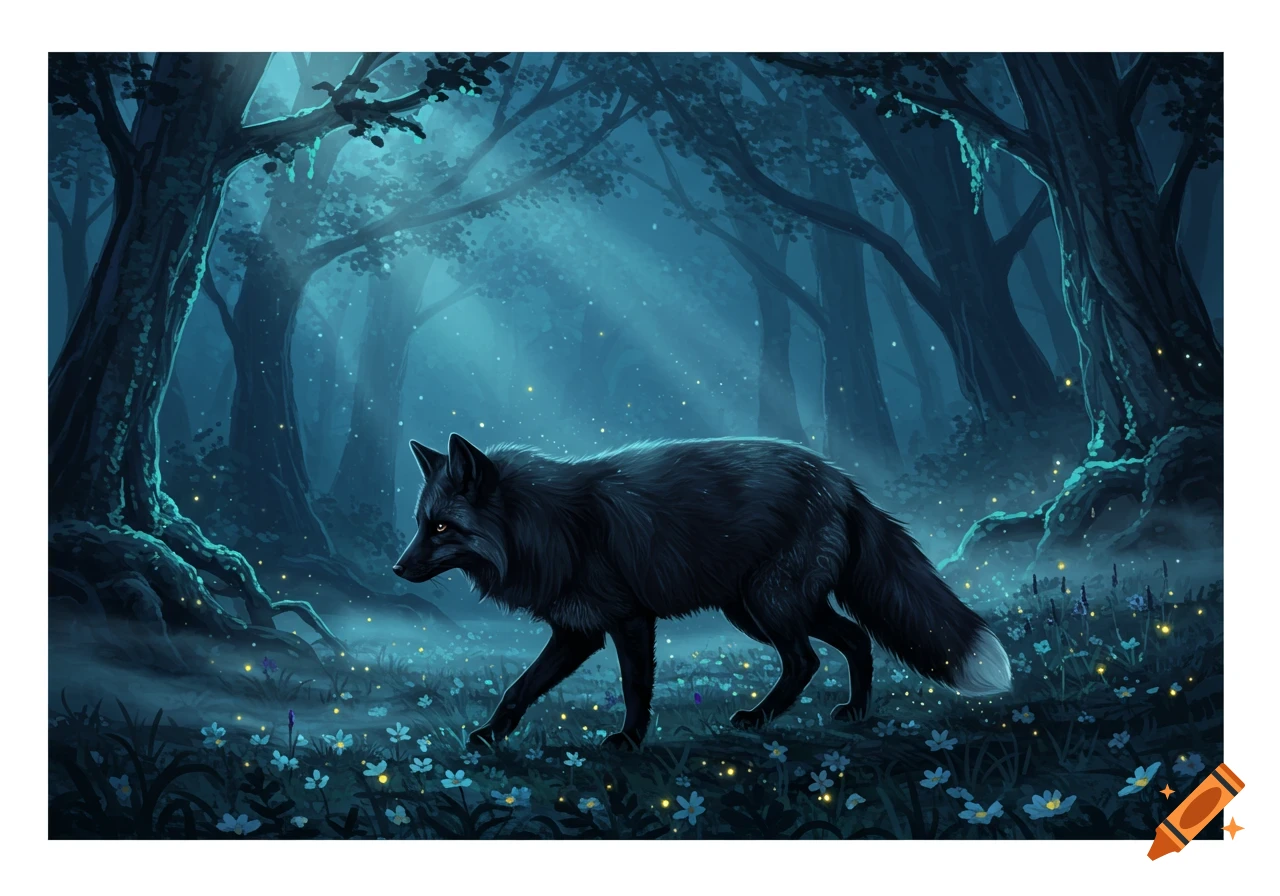 A black fox with glowing eyes walks through a mystical, moonlit forest with glowing flora in a digital art style.