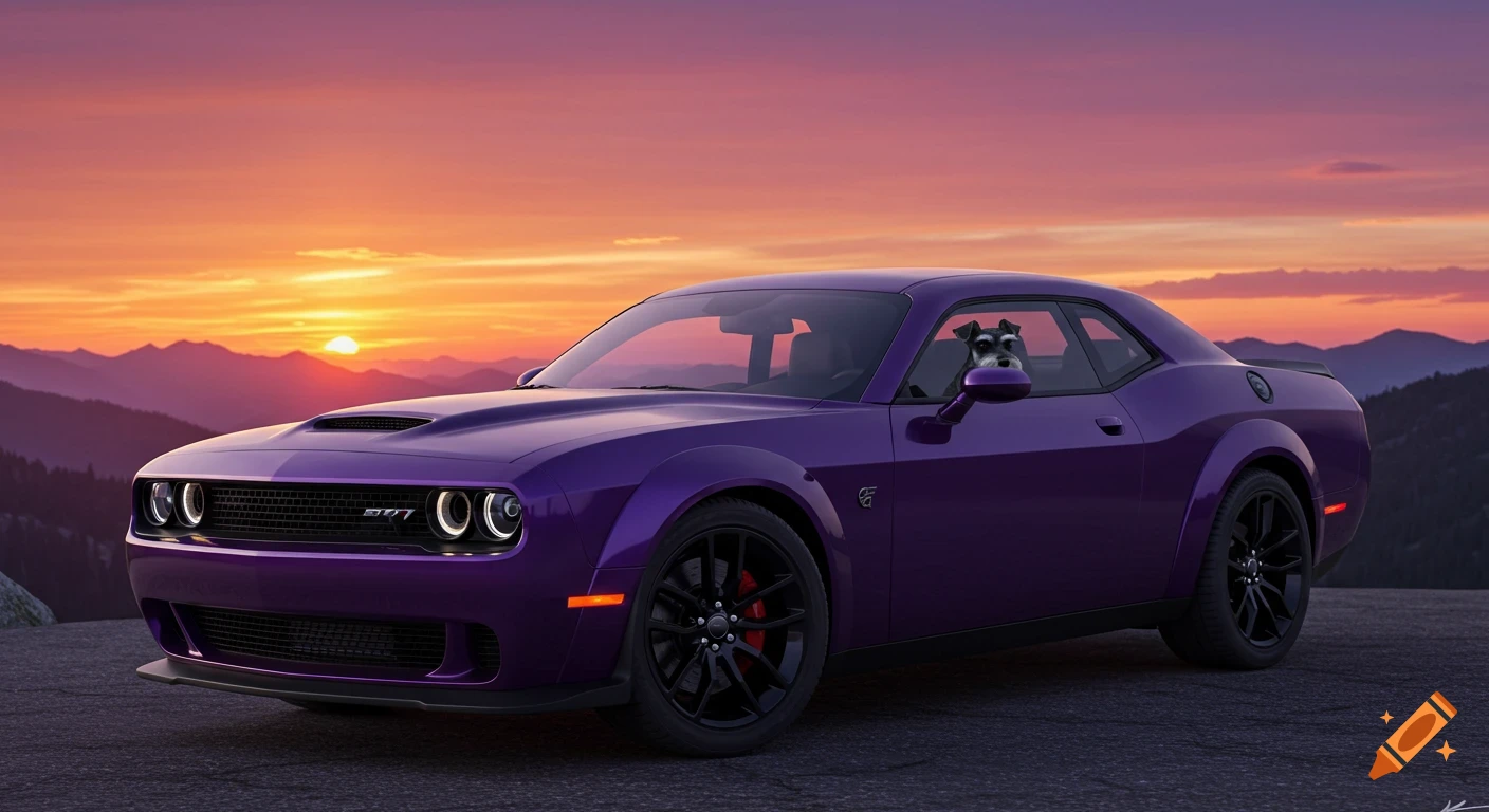 A purple Dodge Challenger with a miniature schnauzer looking out the window, parked on a mountain road at sunset.