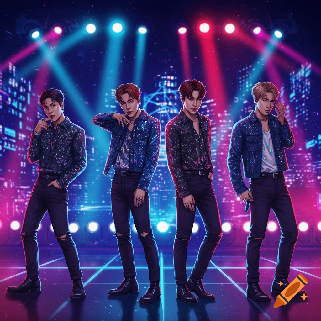 Four male K-pop idols pose on a vibrant neon-lit stage with a stylized city background, in a digital art style.