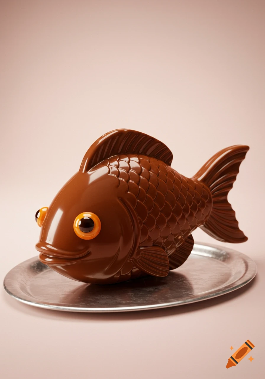 A photorealistic chocolate fish with large orange eyes and detailed scales sits on a silver platter.