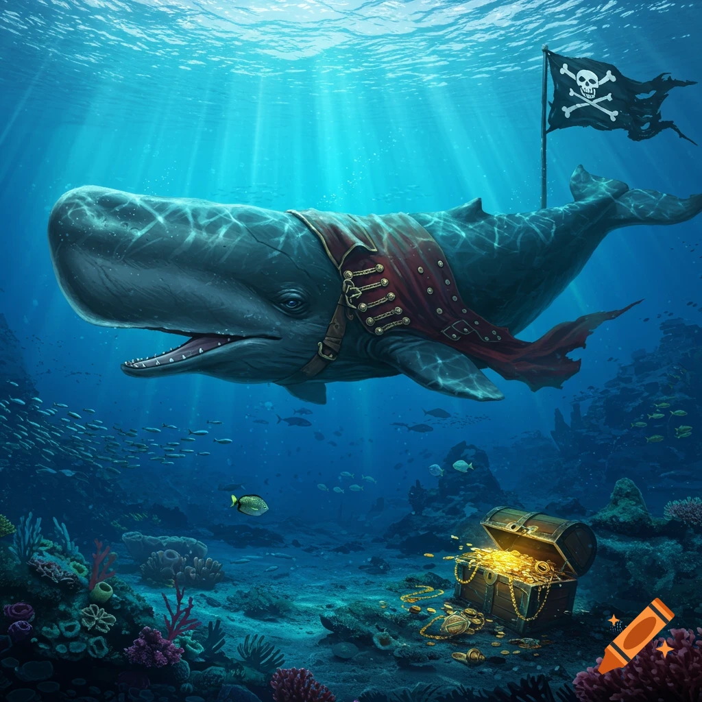 A large sperm whale dressed in a pirate coat with a pirate flag above, swims over an open treasure chest on a vibrant coral reef.