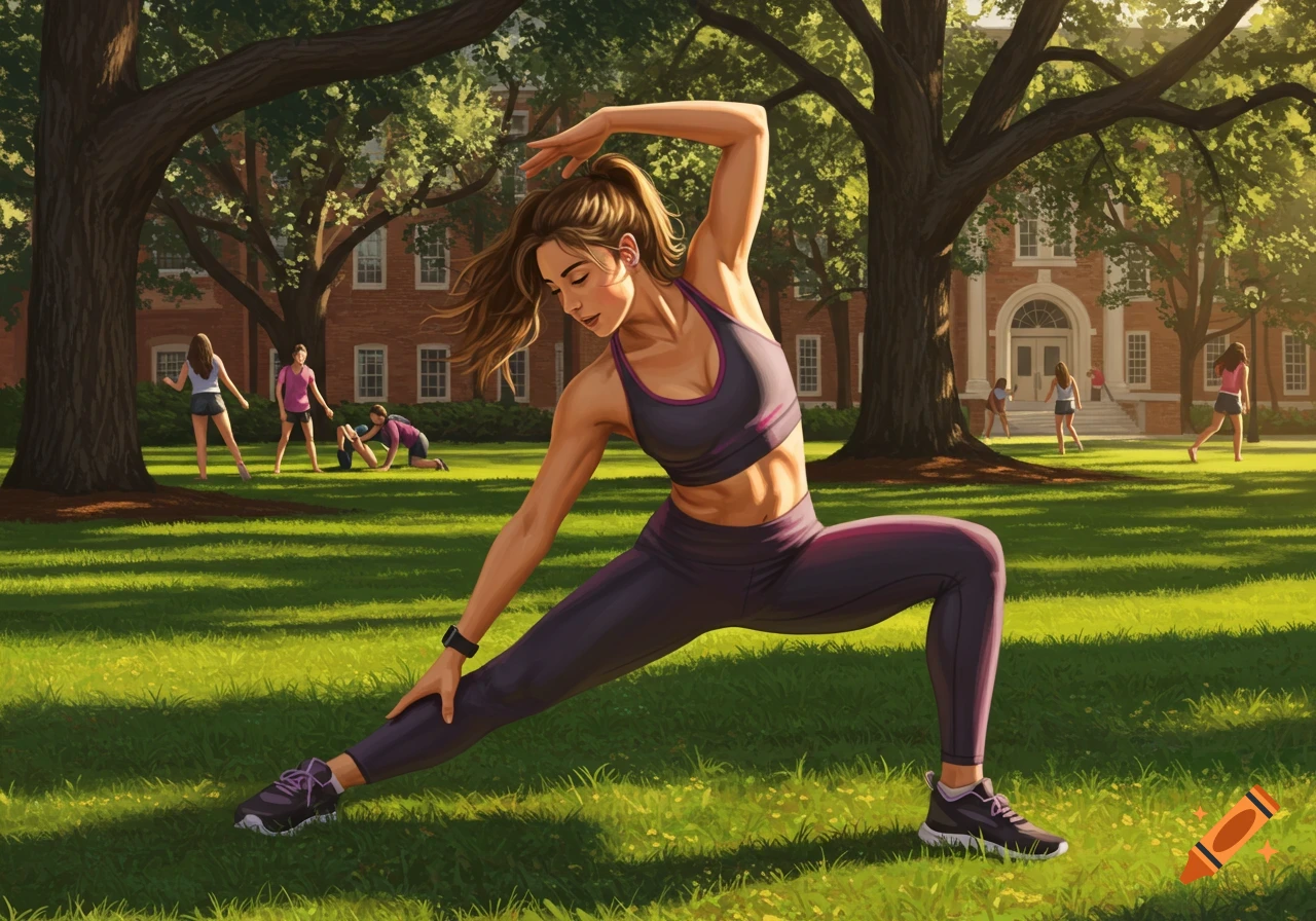 A woman in a sports bra and leggings performs a lunge stretch in a sunny park with trees and college buildings. Illustrated style.