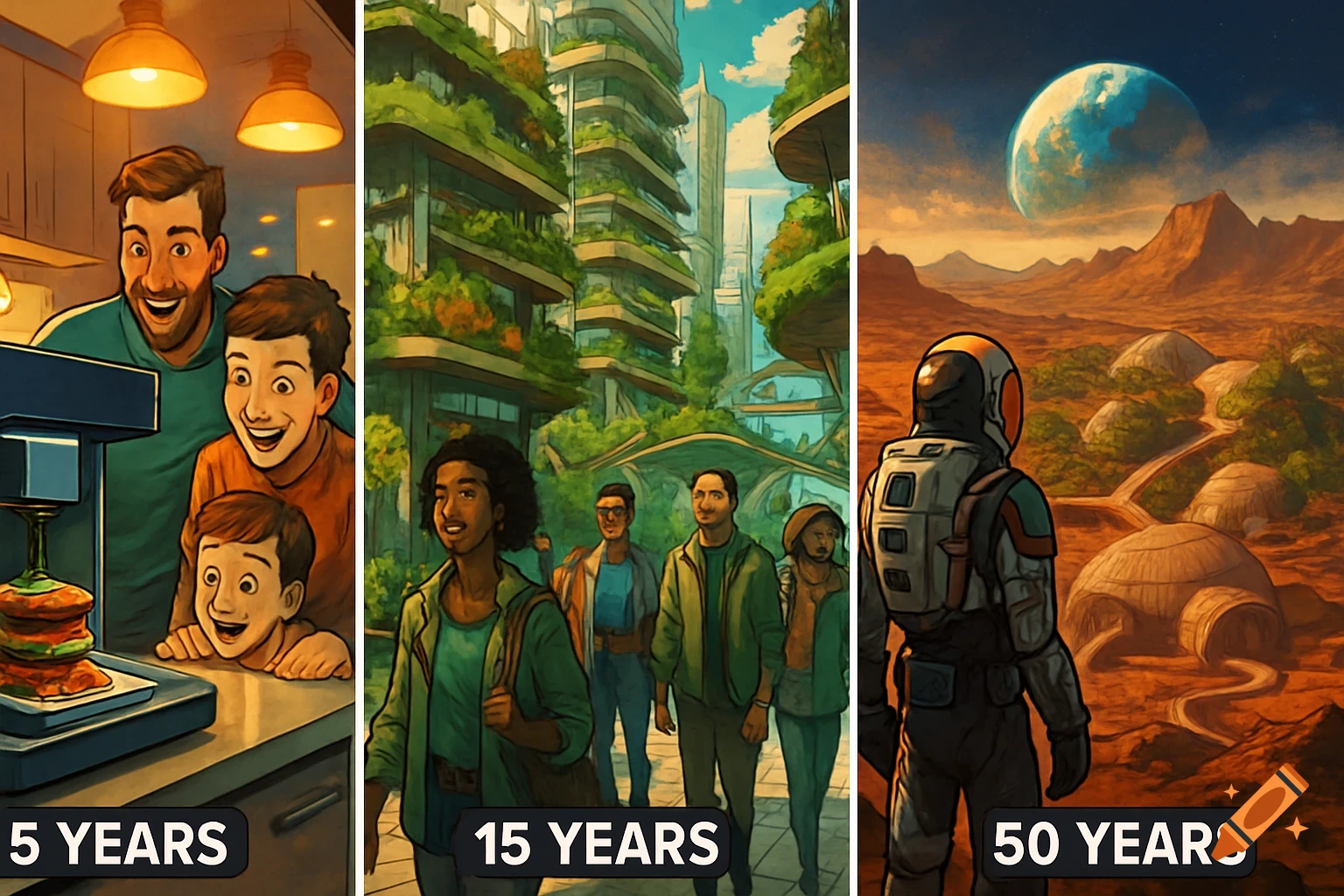 Three comic panels showing the future: a family with a 3D food printer, people walking in a green futuristic city, and an astronaut on Mars. Each panel has a year label.