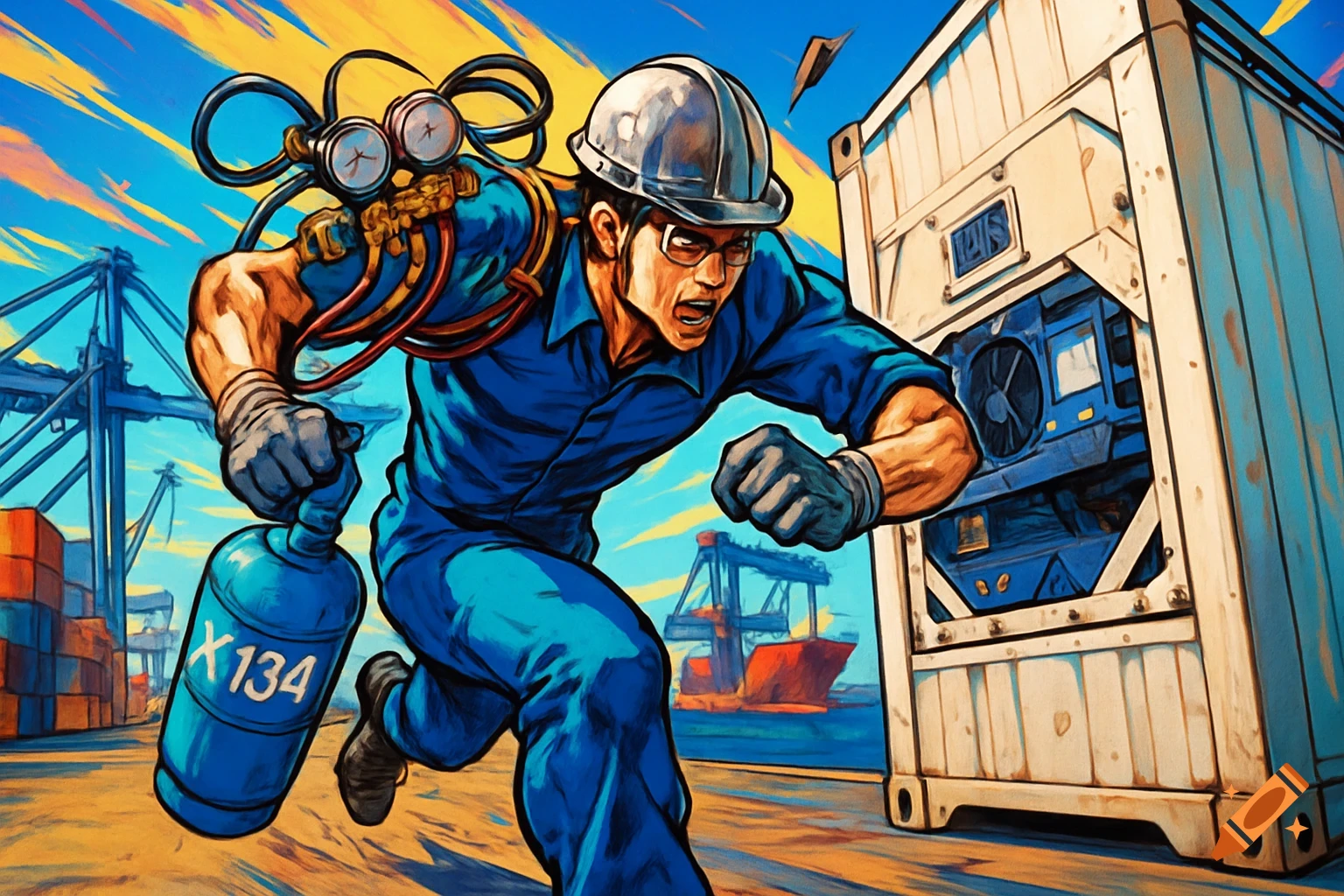 A muscular refrigeration engineer in a hardhat and blue jumpsuit runs through a port with a freon cylinder in a dynamic manga style.