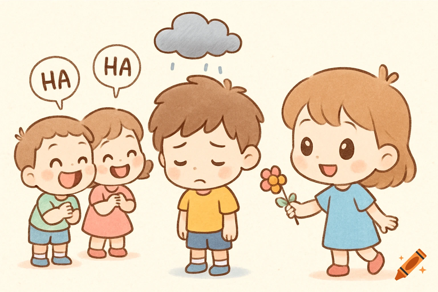 Cute chibi cartoon kids; two laugh at a sad boy under a cloud, while a girl offers him a flower.